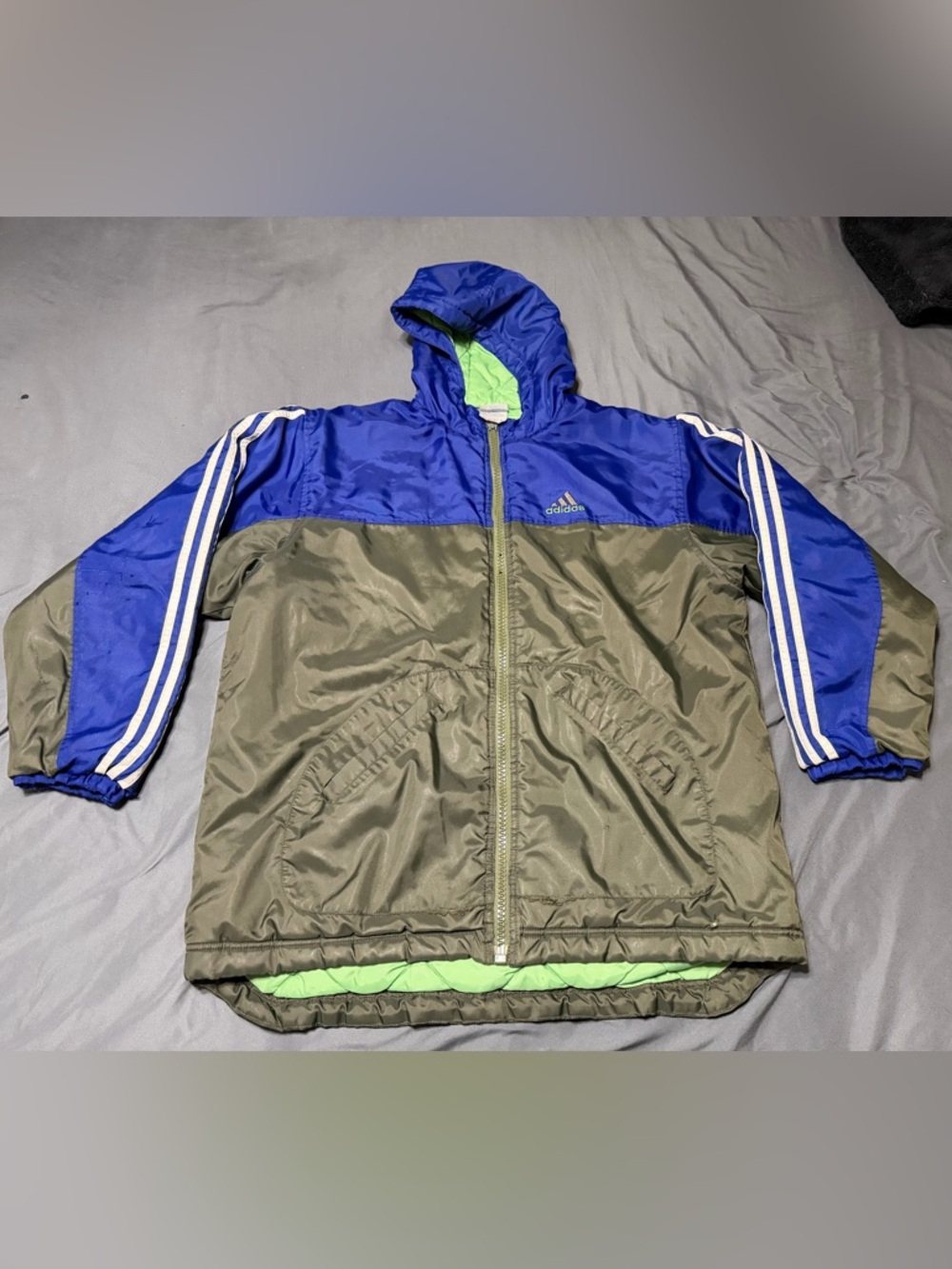 Vintage Adidas Coat Jacket Hooded 3 stripe Youth Size XL Blue Green Liner